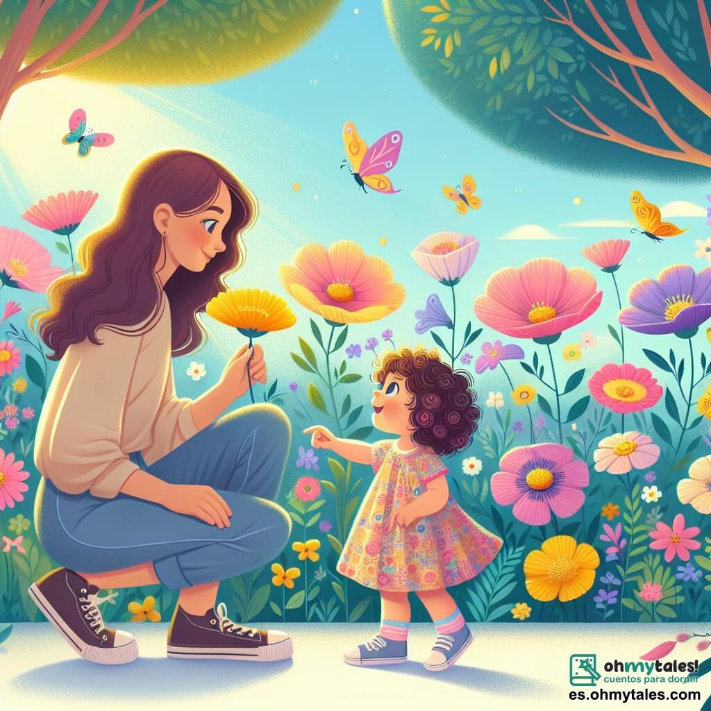 Ilustración que representa un jardín primaveral lleno de colores. Las flores de pétalos amarillos, rosas y violetas bailan bajo la suave brisa, mientras que árboles de hojas verdes exuberantes se alzan al fondo, creando una atmósfera alegre y vibrante. En primer plano, una niña de 1 año, con cabello rizado y ojos brillantes, se acerca a una flor amarilla. Lleva un vestido de patrones coloridos y zapatillas de tela. Con una sonrisa maravillada, extiende la mano para tocar la flor, fascinada por su belleza. A su lado, una mujer de unos treinta años, con cabello largo y castaño, se arrodilla para observarla. Tiene una mirada tierna y cariñosa, viste una camiseta ligera y pantalones cómodos. Sonríe a la niña mientras le muestra las flores, compartiendo un momento de complicidad. La escena captura la magia de la primavera, con mariposas coloridas volando alrededor de las flores y un cielo azul salpicado de nubes blancas. La atmósfera es alegre y llena de vida, ilustrando el descubrimiento y la fascinación de una niña en un jardín en flor.