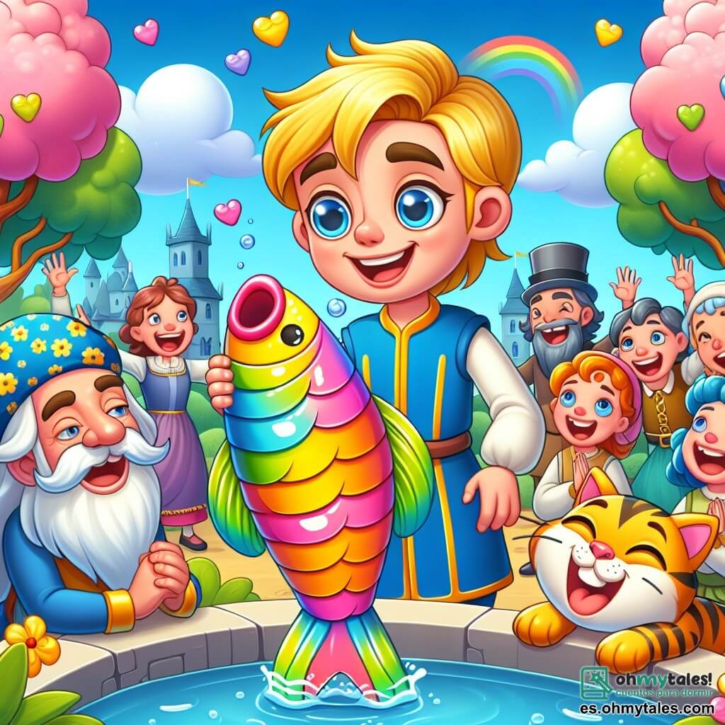 Une illustration sous forme de dessin destinée aux enfants représentant un royaume enchanté avec des arbres en bonbons et des nuages en coton de sucre, où un prince aux cheveux dorés et aux yeux bleus, souriant et espiègle, se tient près d'une fontaine, tenant un grand poisson en caoutchouc coloré, tandis qu'un chat rayé, joyeux et malicieux, l'observe en riant, alors qu'une foule de villageois, dont une dame au chapeau fleuri et un magicien barbu, éclatent de rire devant la scène comique de la blague du prince.
