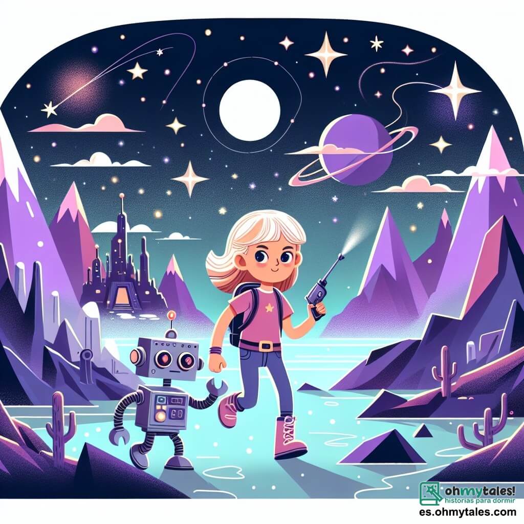 Une illustration destinée aux enfants représentant une jeune fille intrépide naviguant à travers les étoiles, accompagnée de son fidèle robot de compagnie, à la découverte de mystérieuses ruines sur un lointain planète aux montagnes violettes et aux rivières d'étoiles scintillantes.