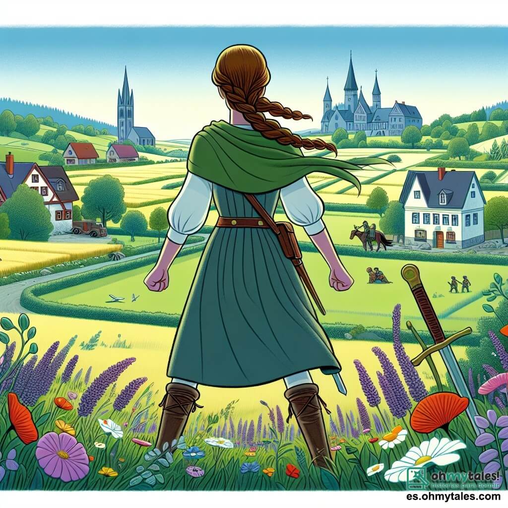 Une illustration destinée aux enfants représentant une jeune femme courageuse luttant pour la paix dans un village entouré de verdes praderas et hermosos campos de flores silvestres, face à la menace imminente de la guerre, avec le soutien de sa communauté.