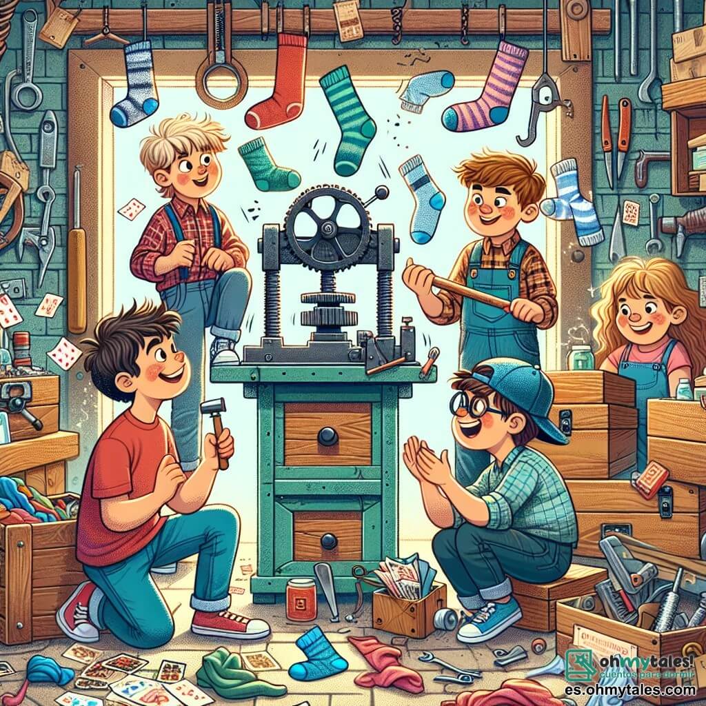 Ilustración que representa un garaje luminoso y colorido, lleno de viejas herramientas, cajas de madera y un misterioso baúl cubierto de polvo. En el centro, cuatro amigos están reunidos: un niño de 10 años con cabello castaño alborotado, que lleva una camiseta roja y pantalones cortos azules, parece emocionado sosteniendo una manivela; un niño de 9 años con gafas y cabello rubio, vestido con una camisa a cuadros, que observa atentamente la máquina; un niño de 10 años con cabello negro y una gorra, riendo mientras esquiva calcetines voladores; y una niña de 9 años con cabello largo y rizado, vestida con un vestido amarillo, que aplaude al ver la torre de cartas que se derrumba. La escena muestra calcetines de todos los colores flotando en el aire, mientras una torre de cartas inestable se inclina peligrosamente, lista para caer, creando una atmósfera de alegría y caos.