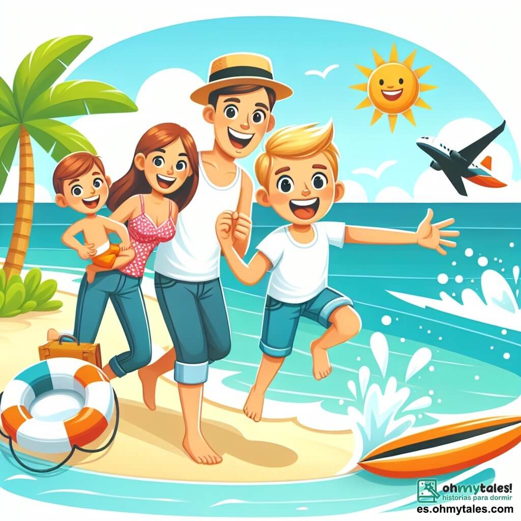 Une illustration destinée aux enfants représentant un jeune garçon plein d'enthousiasme, vivant des aventures palpitantes avec sa famille sur une plage ensoleillée pendant les vacances d'été.