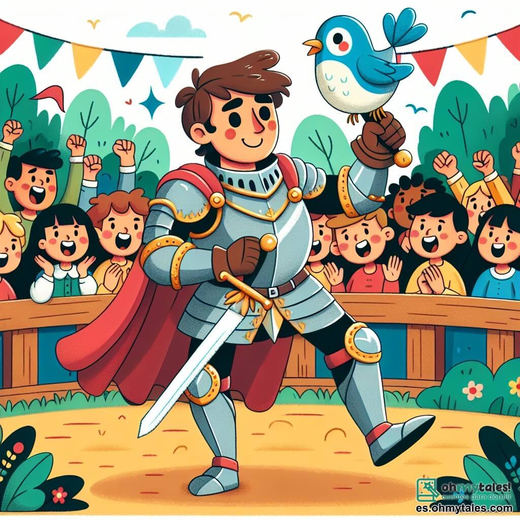Une illustration sous forme de dessin destinée aux enfants représentant un tournoi médiéval vibrant, avec un chevalier courageux aux cheveux bruns, portant une armure brillante et un casque orné, brandissant une épée avec détermination, tandis qu'un petit oiseau bleu sur une branche voisine l'encourage, et une foule de spectateurs enthousiastes, dont des enfants aux visages émerveillés, applaudissent et acclament le héros dans un décor de drapeaux colorés et de verdure luxuriante.