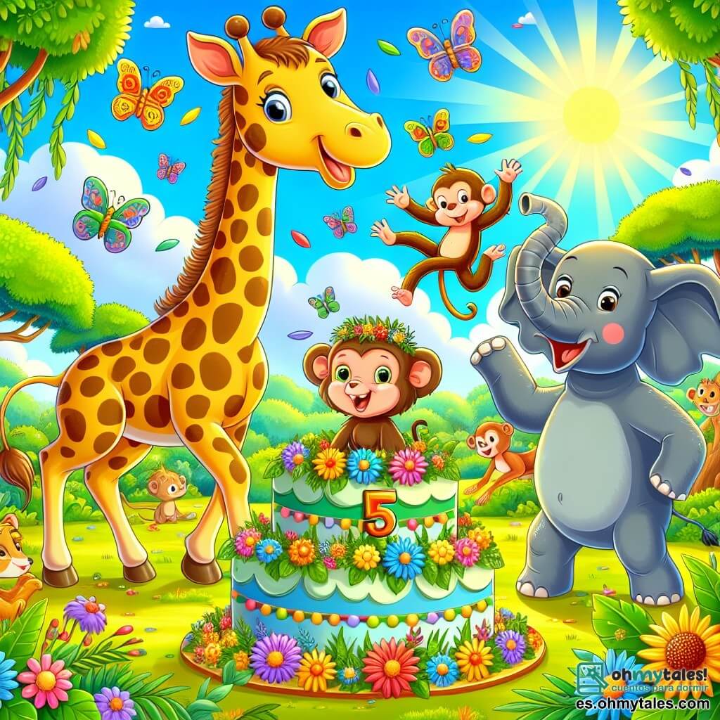 Ilustración que representa una jungla vibrante y colorida, llena de follaje exuberante y flores brillantes, con un cielo azul claro y rayos de sol filtrándose a través de los árboles. En el centro, una jirafa de largo cuello, con piel salpicada de grandes manchas amarillas y marrones, se mantiene alegremente con la cabeza en alto, rodeada de flores coloridas que adornan su cuello. A su lado, un elefante de grandes orejas y piel gris, con una sonrisa amigable, agita su trompa riendo, mientras un pequeño mono travieso, con pelaje marrón y ojos pícaros, hace piruetas en una rama. La escena muestra a los animales divirtiéndose juntos, con un gran pastel de frutas en el centro, rodeado de otros animales curiosos que los observan con asombro. Mariposas coloridas vuelan a su alrededor, añadiendo un toque de magia a esta alegre fiesta.