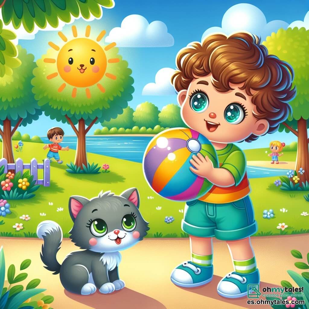 Une illustration sous forme de dessin destinée aux enfants représentant un parc ensoleillé avec des arbres verdoyants et un petit lac, où un garçon de 1 an aux cheveux bouclés et aux yeux pétillants, vêtu d'un t-shirt coloré et d'un short, tient une balle brillante et colorée dans ses petites mains, tandis qu'une adorable petite chatte grise aux yeux verts, curieuse et attentive, l'observe avec intérêt, alors qu'ils cherchent ensemble le propriétaire de la balle perdue, entourés de rires d'autres enfants jouant au loin.