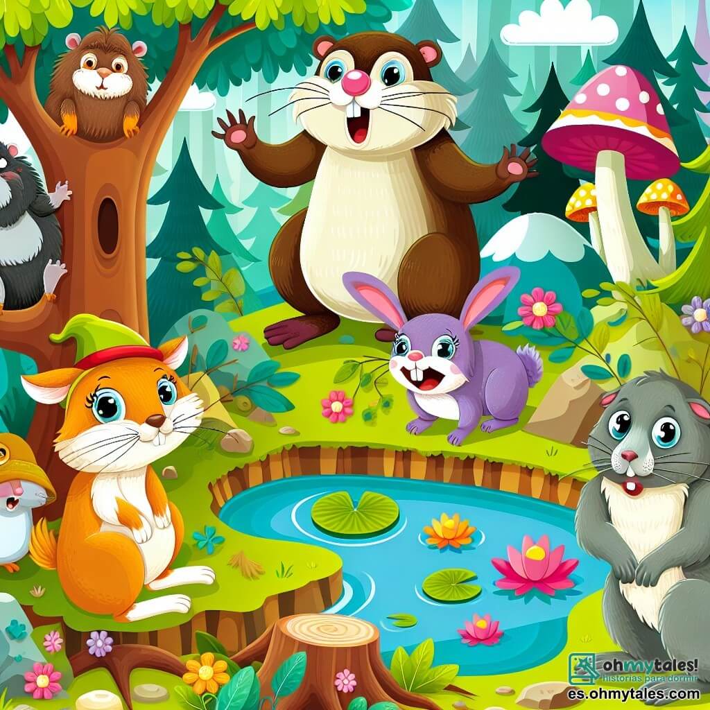 Une illustration destinée aux enfants représentant une marmotte malicieuse, un lapin effrayé, un étang coloré et un groupe d'animaux rigolos dans une forêt enchantée.