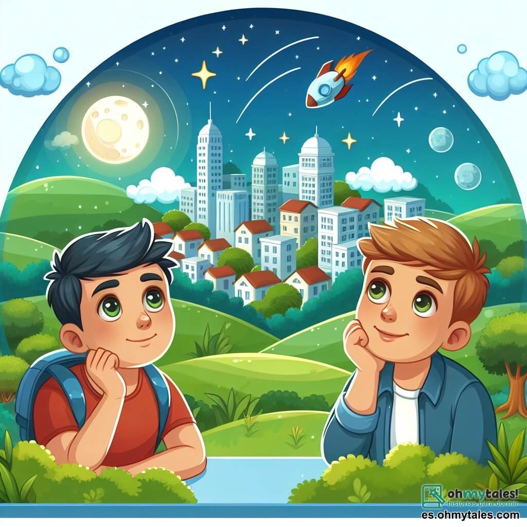 Une illustration destinée aux enfants représentant un jeune homme rêveur, un ami curieux et la ville paisible entourée de collines verdoyantes où ils vivent, tous deux observant les étoiles et rêvant de voyager dans l'espace.