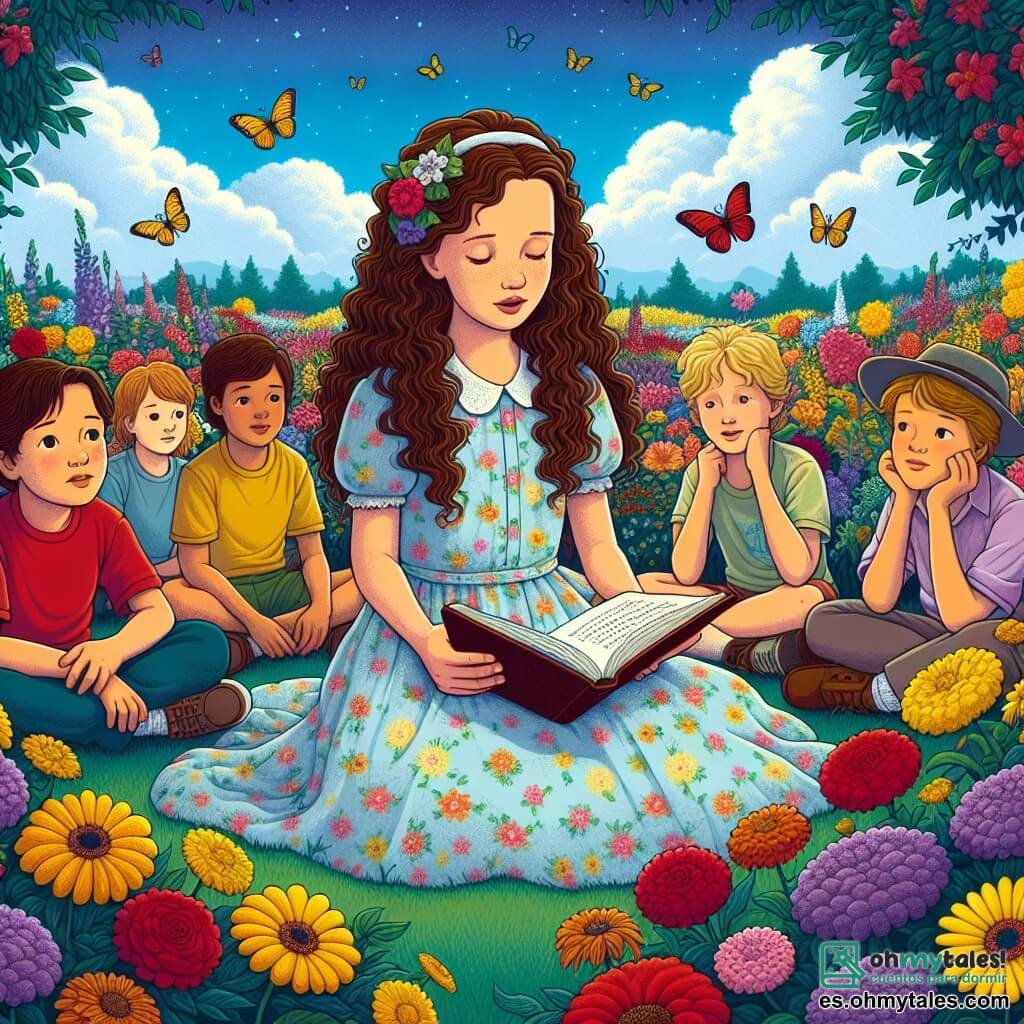 Ilustración que representa un jardín luminoso y colorido, lleno de flores brillantes en tonos vivos de rojo, amarillo y violeta, bajo un cielo azul claro salpicado de algunas nubes blancas. En el centro, una niña de 9 años, con largos cabellos rizados y castaños, lleva un vestido ligero con estampados florales. Está sentada en la hierba, con las rodillas dobladas, sosteniendo un libro abierto en sus piernas, con una expresión a la vez triste y soñadora en su rostro. A su lado, un grupo de tres niños, dos chicos y una chica, todos de entre 8 y 10 años, están reunidos a su alrededor. Uno de los chicos tiene el cabello rubio y lleva una camiseta roja, mientras que el otro chico tiene el cabello castaño y lleva una gorra. La chica tiene el cabello castaño y un vestido azul. Escuchan atentamente a la niña, cautivados por sus historias. La escena transmite una atmósfera de nostalgia y ternura, simbolizando el recuerdo de un amigo querido, con mariposas coloridas volando a su alrededor, añadiendo un toque de magia a este momento de compartir.