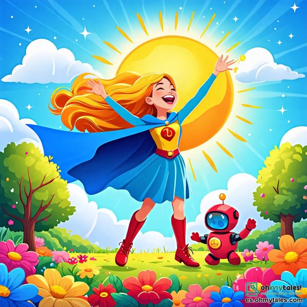 Ilustración que representa un cielo azul brillante, salpicado de nubes blancas esponjosas, donde un gran sol sonriente brilla en el centro. En el suelo, un paisaje colorido con flores multicolores y árboles de follaje vibrante. En primer plano, una mujer heroica, con una capa azul brillante que ondea al viento. Tiene largos cabellos dorados que brillan como rayos de sol y lleva zapatos rojos que hacen "clic-clac" a cada paso. Ella ríe alegremente, con los brazos levantados hacia el cielo, emanando una aura de felicidad. A su lado, un pequeño robot rojo, con ojos redondos y brillantes, que hace gestos divertidos imitando la risa de la mujer. Tiene forma cuadrada y brazos articulados, y parece muy entusiasta, con una expresión alegre en su rostro. La situación principal muestra a la mujer y al robot intentando devolver la sonrisa al sol, que parece un poco triste. Destellos de luz brotan a su alrededor, simbolizando la alegría y la energía positiva que aportan. Estrellas brillantes flotan en el aire, añadiendo un toque mágico a esta escena llena de vida y amistad.