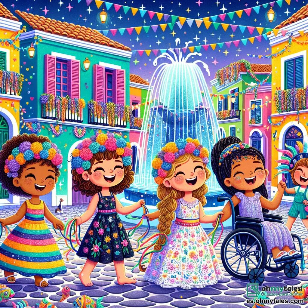 Ilustración que representa una escena vibrante y colorida de un carnaval en la isla Colibrí. Al fondo, calles adoquinadas flanqueadas por casas de fachadas brillantes, adornadas con guirnaldas de flores y farolitos centelleantes, crean un ambiente festivo. En el centro, una gran fuente brota, rodeada de peces coloridos que parecen bailar en el agua, mientras niños ríen y juegan alrededor. En esta escena, cuatro chicas de unos diez años están juntas. La primera, con cabello castaño y rizado, lleva una corona de flores y una sonrisa radiante, sosteniendo serpentinas de colores. La segunda, con trenzas rubias, viste un vestido de estampado floral, riendo a carcajadas. La tercera, con cabello negro, está en silla de ruedas, radiante, con estrellas en los ojos, sosteniendo una pluma brillante. Por último, la cuarta, con cabello rojizo, lleva un sombrero decorado con purpurina y hace un gesto de alegría. La escena principal muestra a las cuatro amigas preparando su carroza de carnaval, rodeadas de decoraciones coloridas, intercambiando risas e ideas. Confetis vuelan en el aire y niños bailan a su alrededor, creando una atmósfera de alegría y emoción. Globos flotan en el cielo azul, añadiendo a la magia de este momento festivo.