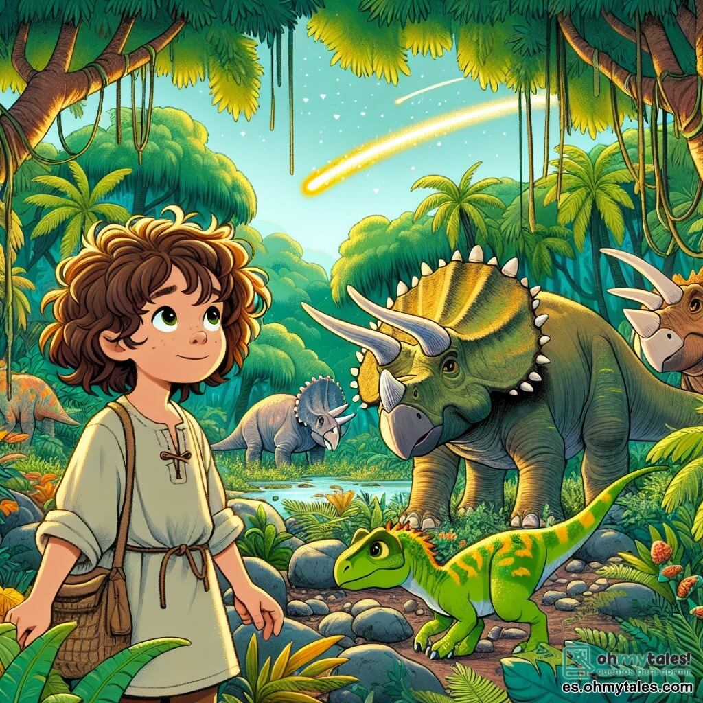 Une illustration sous forme de dessin destinée aux enfants représentant une jungle préhistorique luxuriante, avec des arbres géants et des plantes colorées, où une fille de 9 ans aux cheveux bruns et bouclés, vêtue d'une tunique en toile, observe émerveillée un groupe de triceratops paisiblement rassemblés, tandis qu'un petit velociraptor aux plumes vertes et jaunes, curieux et agile, se tient à ses côtés, alors qu'un météore lumineux traverse le ciel, annonçant un moment crucial de leur aventure dans le temps.