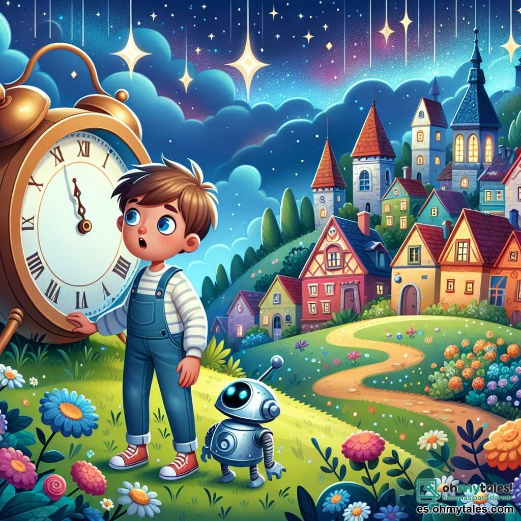 Une illustration destinée aux enfants représentant un jeune garçon curieux découvrant un mystérieux reloj magique, accompagné d'un petit robot amical, surplombant un village pittoresque aux maisons colorées et aux jardins fleuris, sous un ciel étoilé scintillant.