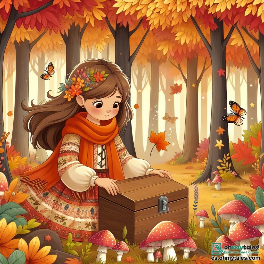Une illustration destinée aux enfants représentant une jeune fille aux cheveux bruns, vêtue d'une écharpe orange et d'une robe à motifs automnaux, découvrant une mystérieuse boîte en bois dans un magnifique bosquet aux arbres aux feuilles dorées et rouges, entourée de champignons et de feuilles tombantes.