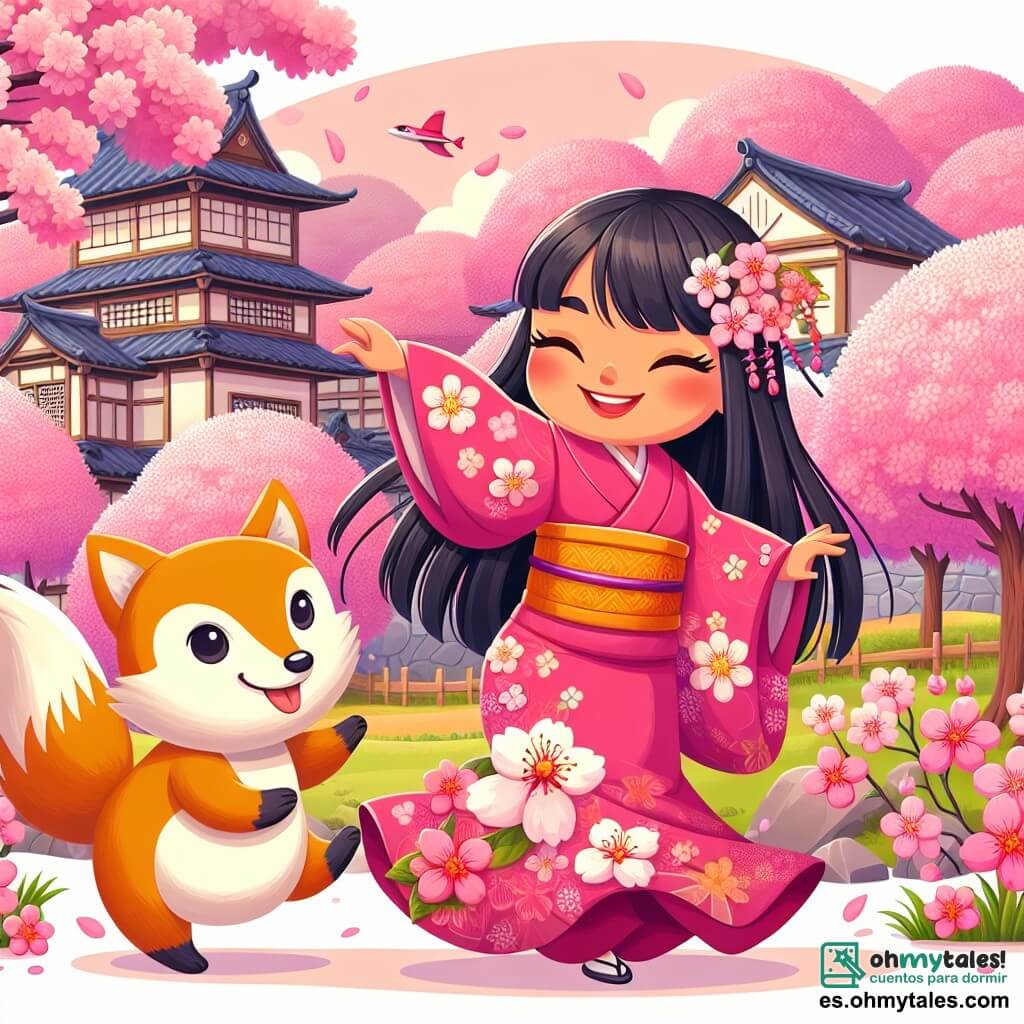 Une illustration sous forme de dessin destinée aux enfants représentant un village japonais pittoresque en pleine floraison de cerisiers, avec une jeune femme aux cheveux noirs et longs, vêtue d'un kimono coloré, dansant joyeusement au milieu des pétales roses, tandis qu'un petit renard doré, aux yeux malicieux, l'observe avec un sourire, illustrant la magie et la joie d'une fête printanière où les habitants célèbrent ensemble la beauté de la nature et l'amitié.