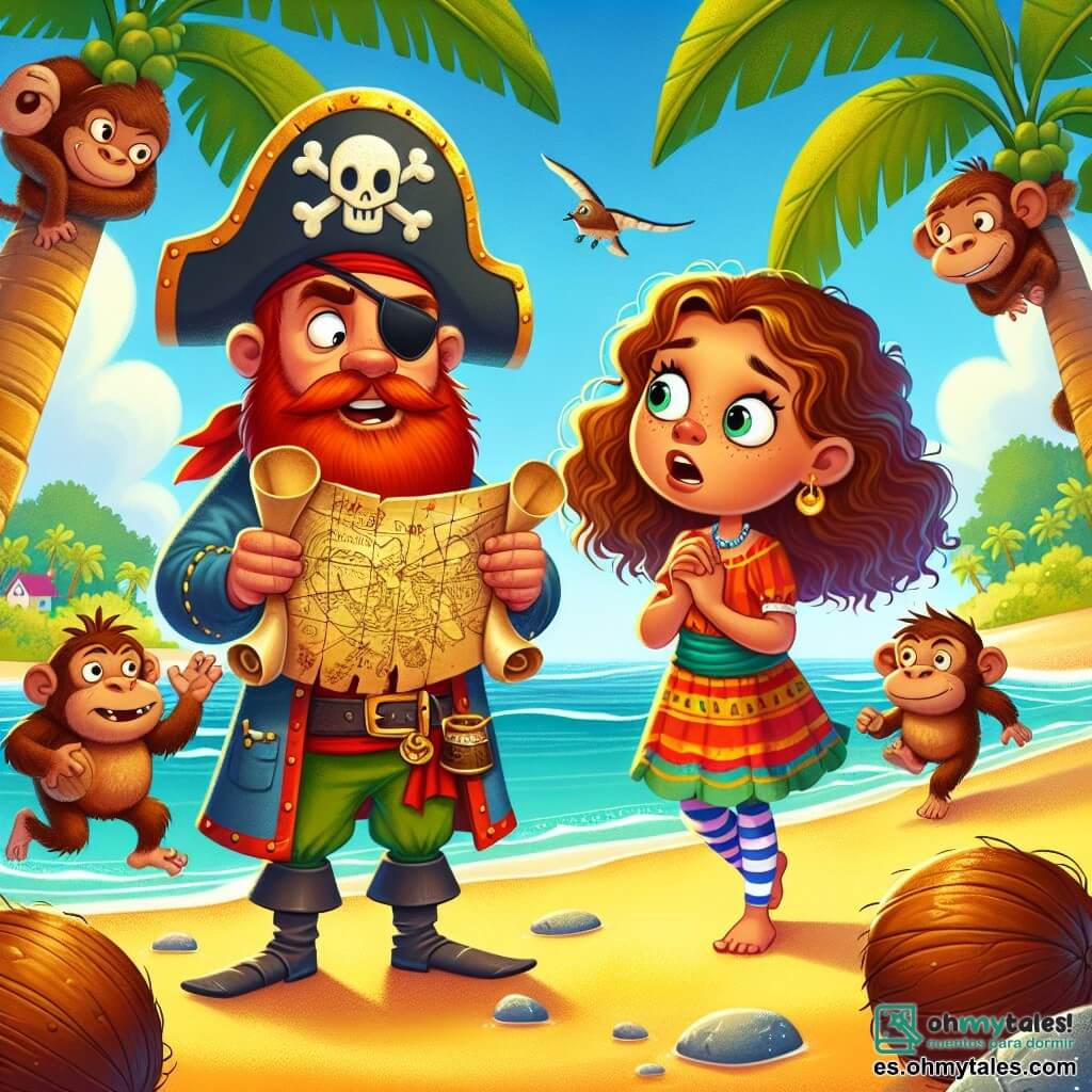 Une illustration sous forme de dessin destinée aux enfants représentant une plage ensoleillée sur l'Isla Brillante, avec un homme au regard déterminé, portant une gorra de pirate et une barbe rousse, brandissant une ancienne carte au trésor, tandis qu'à ses côtés, une jeune fille courageuse aux cheveux longs et bouclés, vêtue d'une chemise colorée, observe avec émerveillement un groupe de singes malicieux lançant des noix de coco, le tout dans une ambiance d'aventure et de camaraderie, alors qu'ils se préparent à explorer la mystérieuse caverne du Dragón Dormilón à la recherche d'une précieuse brújula magique.