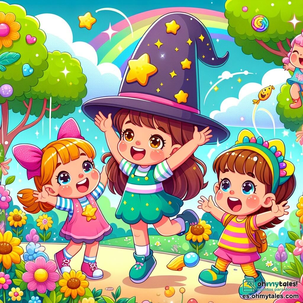 Ilustración que representa un parque colorido y soleado, lleno de flores de vivos colores, grandes árboles con hojas verdes brillantes y un cielo azul salpicado de nubes en forma de caramelos. En el centro, tres niñas alegres: una niña de cabello castaño, de unos 8 años, con moños rosas, que sonríe levantando un gran sombrero de mago decorado con estrellas brillantes; otra niña, de unos 9 años, con cabello rubio y una camiseta a rayas azules y amarillas, que salta de alegría con ojos chispeantes; y la más pequeña, una niña de 6 años, con una gorra de dinosaurio, que ríe a carcajadas mientras baila con zapatos en forma de plátano. La escena muestra a las tres amigas haciendo muecas y bailando, mientras sus zapatos de plátano se mueven de manera cómica, llamando la atención de un pequeño duende de gran sonrisa, que las observa con asombro. Burbujas de risa flotan a su alrededor, añadiendo un toque de magia y absurdidad a este alegre encuentro.