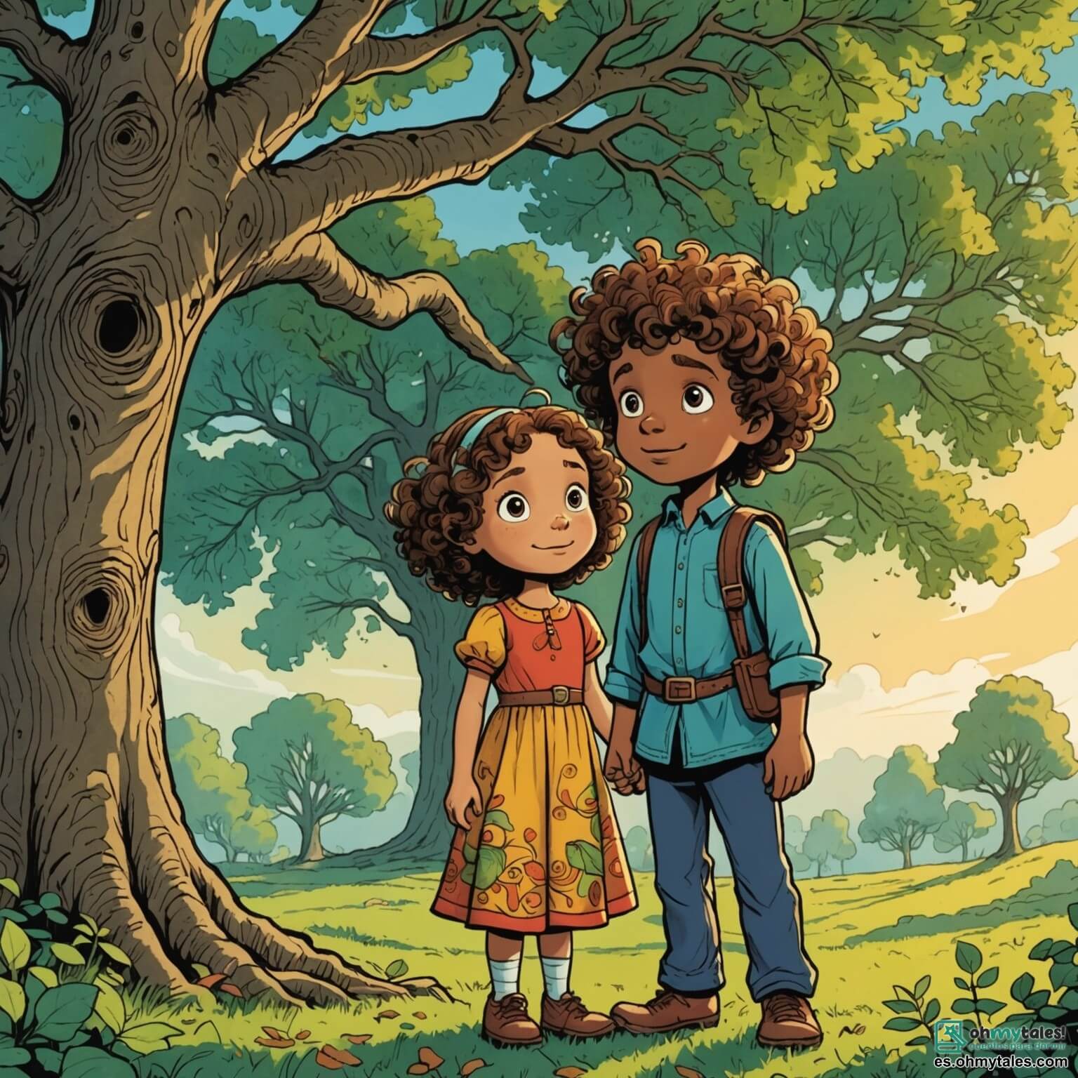 Une illustration destinée aux enfants représentant une petite fille aux cheveux bouclés et aux yeux pétillants, vêtue d'une tunique colorée et d'un pantalon pratique, se tenant courageusement devant un vieux chêne majestueux dont les branches s'étendent comme des bras protecteurs, tandis qu'un jeune garçon aventurier à la casquette vissée sur la tête l'encourage à explorer le mystérieux et enchanté Bosquet des Murmures, où les feuilles chuchotent des secrets anciens et les rayons de soleil dansent à travers le feuillage verdoyant.