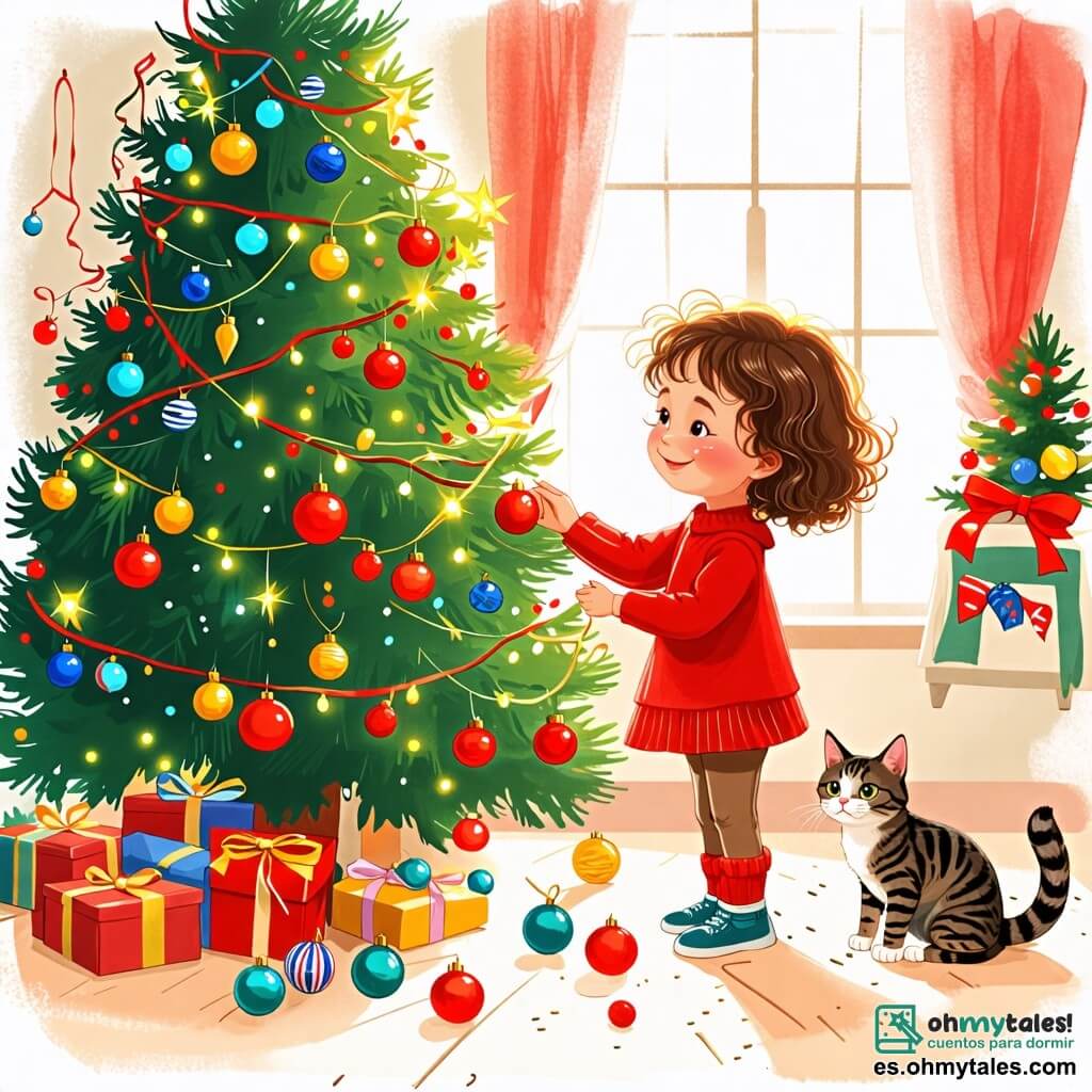 Une illustration sous forme de dessin destinée aux enfants représentant une chaleureuse salle de séjour décorée pour Noël, avec un petit sapin vert illuminé de guirlandes colorées, une fille de 2 ans aux cheveux bouclés et aux joues roses, souriante et en train d'accrocher une boule rouge sur le sapin, tandis qu'un petit chat tigré aux yeux vifs observe curieusement la scène, avec des boules de Noël éparpillées sur le sol, créant une atmosphère joyeuse et festive.
