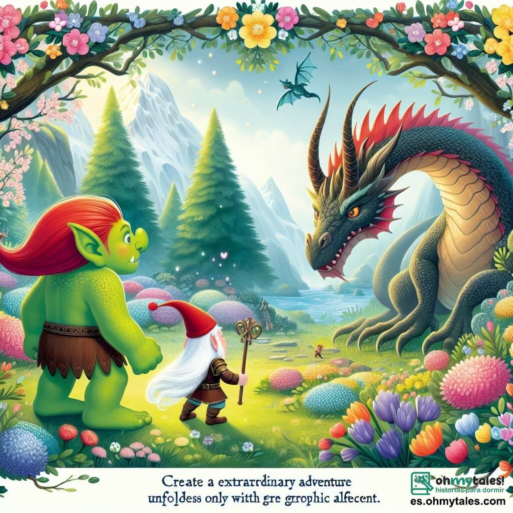 Une illustration destinée aux enfants représentant un adorable troll au teint vert, faisant face à un dragon majestueux, dans un magnifique bosquet enchanté rempli de fleurs colorées, où se déroule une aventure extraordinaire.