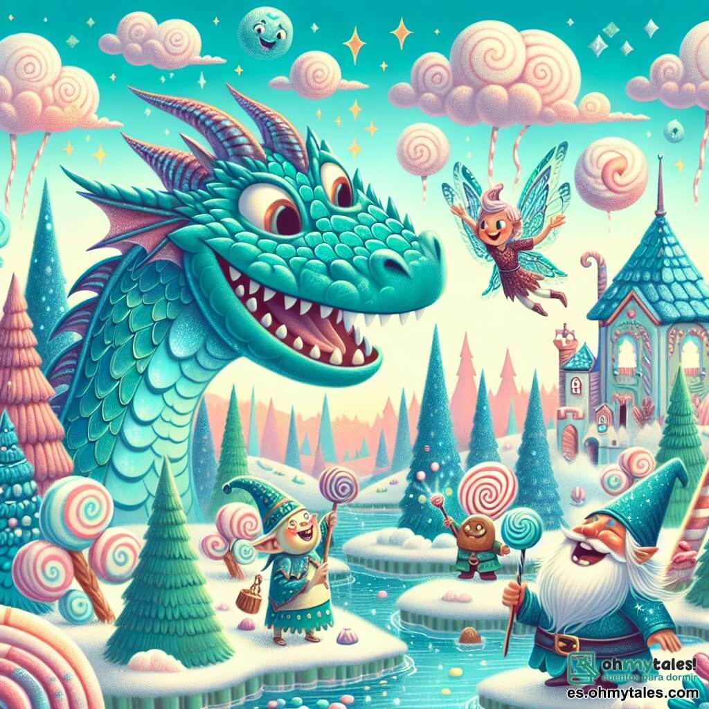 Une illustration destinée aux enfants représentant un dragon espiègle et pétillant de malice, avec des écailles scintillantes de couleur turquoise et des yeux ronds et rieurs, se trouvant dans un village enchanteur où les arbres sont faits de bonbons et les rivières coulent de limonade pétillante, tandis qu'il s'apprête à organiser une grande fête pour ses amis, une petite fée aux ailes scintillantes et un duende au chapeau pointu, tous deux remplis d'excitation, dans un décor où des nuages de guimauve flottent doucement dans un ciel pastel, et où les rires des créatures rigolotes résonnent comme une douce mélodie.