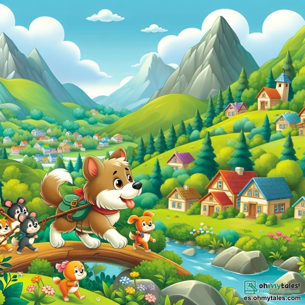 Une illustration destinée aux enfants représentant un chien courageux, explorant un magnifique village entouré de montagnes verdoyantes, accompagné de ses amis animaux, dans une aventure captivante.