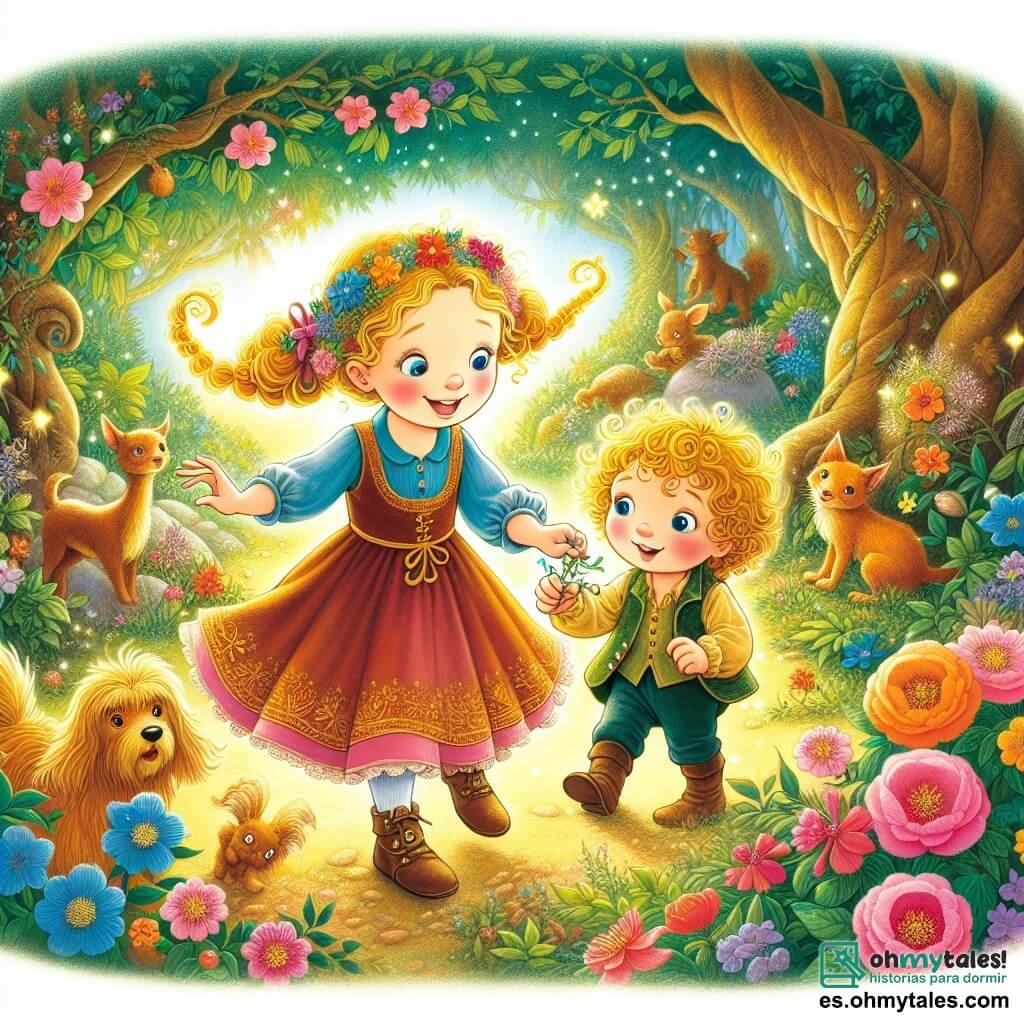 Une illustration destinée aux enfants représentant une petite fille pleine d'énergie, qui découvre l'amitié lors de ses aventures dans un magnifique bosquet enchanté, entourée de fleurs colorées et d'animaux curieux, accompagnée de sa fidèle amie aux boucles dorées.
