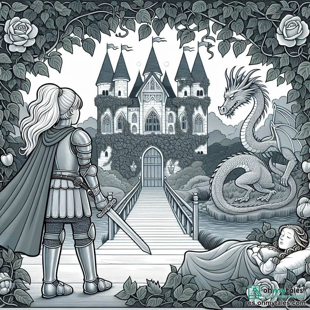 Une illustration destinée aux enfants représentant une chevalière courageuse se tenant devant un imposant château médiéval recouvert de vigne vierge, prête à affronter un dragon argenté gardant un pont menant vers un mystérieux bosquet enchanté où repose une princesse endormie.
