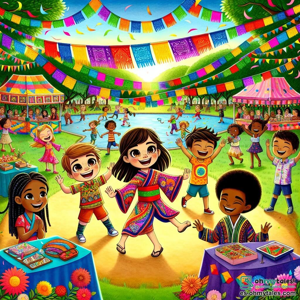 Ilustración que representa una escena vibrante y colorida en un parque animado, decorado con banderines multicolores que flotan en el viento y stands que representan diferentes culturas, donde los niños ríen y bailan. En el centro, un niño de 11 años, con cabello castaño y ojos brillantes, lleva una camiseta de colores y un pantalón corto. Está bailando alegremente, rodeado de sus nuevos amigos. A su derecha, una niña de origen asiático, de unos 10 años, con cabello largo y negro y un bonito kimono, muestra origamis que ha realizado. A su izquierda, un niño de origen africano, de unos 12 años, con piel oscura y cabello rizado, lleva una camiseta con motivos africanos y sonríe mientras comparte historias. La escena irradia una atmósfera de alegría y camaradería, ilustrando la celebración de la diversidad cultural a través de la danza, la música y la amistad. Platos típicos de diferentes culturas son visibles en las mesas, añadiendo toques de color y olores deliciosos al ambiente.