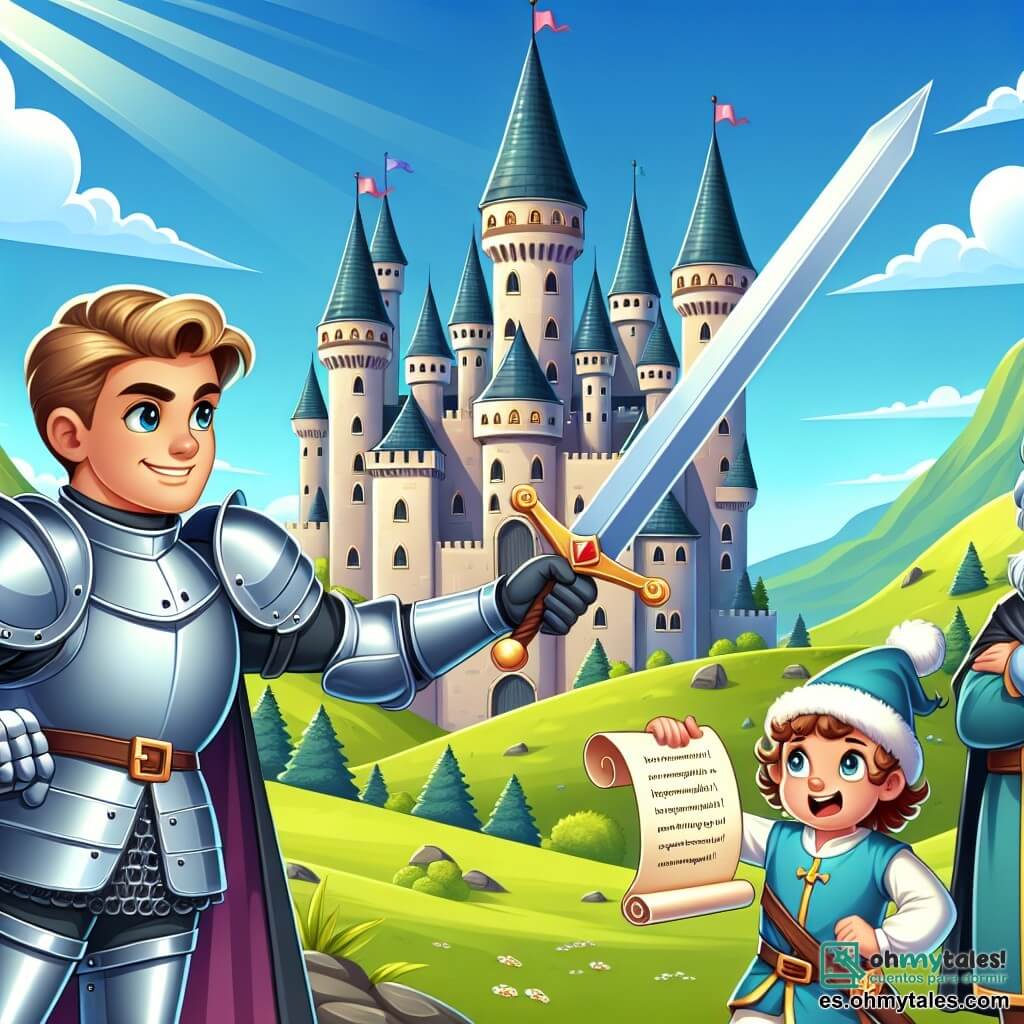 Une illustration sous forme de dessin destinée aux enfants représentant un majestueux château médiéval aux tours élancées, entouré de collines verdoyantes et d'un ciel bleu éclatant, où un chevalier courageux, un homme grand et robuste en armure brillante, brandit son épée avec détermination face à un groupe de conspirateurs menaçants, tandis qu'un jeune écuyer, un garçon aux cheveux bouclés et aux yeux pétillants, observe avec inquiétude, tenant un parchemin révélant leur plan maléfique, le tout évoquant une scène de bravoure et de protection du royaume.