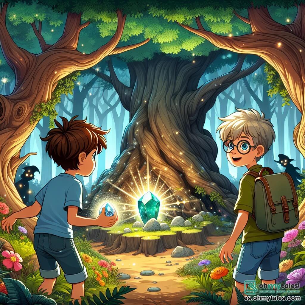 Ilustración que representa un claro de bosque encantado, donde grandes árboles con troncos retorcidos se elevan hacia el cielo, sus hojas brillando con colores vivos bajo la luz del sol. En el centro, un niño de 11 años, con cabello castaño desordenado y ojos brillantes de curiosidad, está de pie, sosteniendo una piedra brillante en sus manos. Lleva una camiseta azul y un short de mezclilla, con una pequeña mochila colgada de su hombro. A su lado, otro niño, también de aproximadamente 11 años, con cabello rubio y gafas, observa atentamente el paisaje, con una sonrisa de emoción en el rostro. La escena captura el momento en que los dos amigos descubren el corazón del bosque, una hermosa gema luminosa sobre un pedestal de piedra, rodeada de flores coloridas y luciérnagas brillando en el aire. En el fondo, sombras misteriosas bailan entre los árboles, añadiendo un toque de magia y aventura a la ilustración.