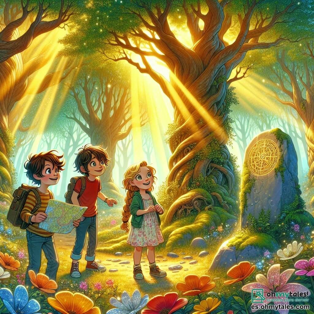 Ilustración que representa un claro mágico en el bosque, bañado de luz dorada, con grandes árboles de troncos retorcidos y hojas de un verde brillante. Flores coloridas con pétalos brillantes salpican el suelo, mientras un suave rayo de sol filtra a través de las ramas, creando una atmósfera encantada. En el centro de la escena, cuatro jóvenes aventureros están juntos. Un niño de unos 10 años, con cabello castaño desordenado y una sonrisa radiante, lleva una camiseta roja y un pantalón corto de mezclilla. A su lado, una niña de 9 años, con largas trenzas rubias y ojos brillantes, viste un vestido de flores y sostiene un mapa en sus manos. Otro niño, de 11 años, con gafas y cabello castaño, lleva una gorra y una camiseta a rayas, y parece concentrado en un extraño símbolo grabado en una gran piedra. Finalmente, una niña de 10 años, con cabello rizado y una expresión soñadora, lleva una sudadera con capucha y observa los alrededores con asombro. La situación principal muestra a los niños descubriendo un símbolo misterioso en una gran roca cubierta de musgo, rodeados del brillo mágico del bosque. Criaturas fantásticas, como pequeñas hadas con alas brillantes, vuelan a su alrededor, añadiendo un toque de magia a la atmósfera. La emoción y la curiosidad se reflejan en sus rostros, mientras se preparan para vivir una gran aventura.