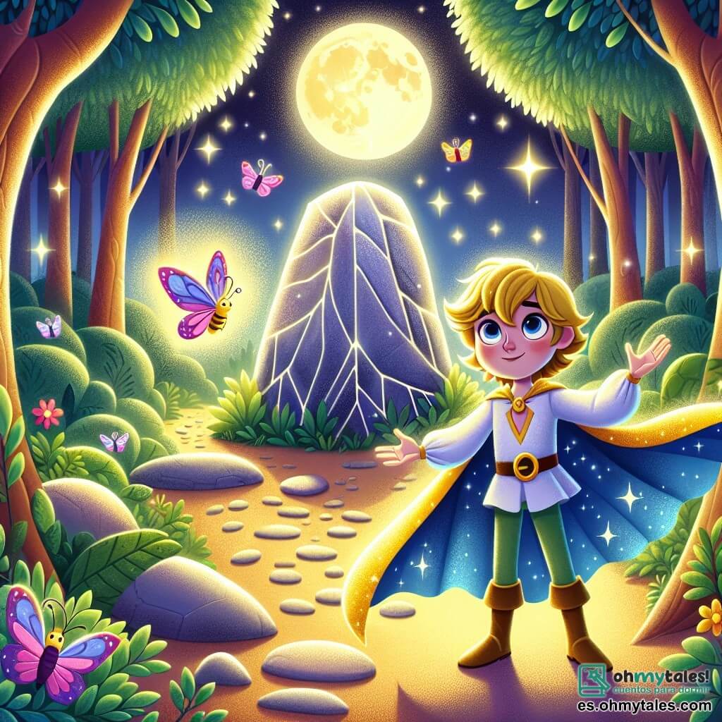 Ilustración que representa una mágica luz de luna en el Bosque de las Mariposas, donde altos árboles con hojas brillantes rodean un camino luminoso. En el centro, un príncipe valiente, un joven de cabello dorado y ojos chispeantes, lleva una capa azul flotante y un sombrero de aventurero. Se encuentra frente a una gran piedra mágica, con los brazos extendidos y una sonrisa decidida en el rostro. A su lado, una pequeña mariposa, una criatura colorida con alas moradas y rosas, vuela alegremente, iluminando la escena con su suave luz. Juntos enfrentan un desafío, listos para resolver un enigma y descubrir el tesoro escondido. La luz de luna baña la escena con un resplandor dorado, mientras mariposas danzan a su alrededor, añadiendo un toque de magia a la atmósfera encantada.