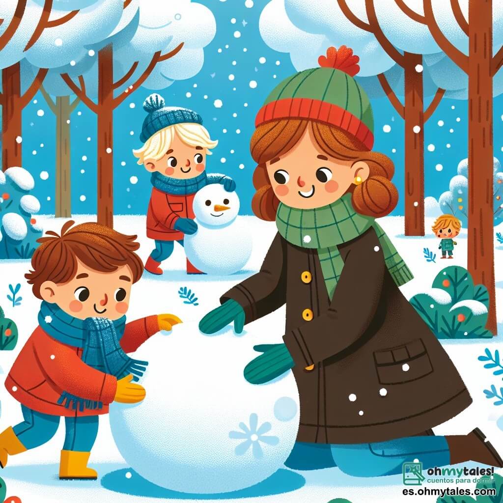 Une illustration sous forme de dessin destinée aux enfants représentant un parc enneigé, avec des arbres recouverts de neige scintillante, où un garçon de 3 ans aux cheveux bruns et bouclés, vêtu d'un manteau rouge, d'une écharpe bleue et de gants jaunes, est en train de rouler une grosse boule de neige pour créer un bonhomme de neige, tandis qu'un autre garçon de 4 ans aux cheveux blonds et portant un bonnet vert l'observe avec un sourire, et une maman souriante aux cheveux châtains, habillée d'un manteau noir, les encourage à jouer joyeusement dans la neige.