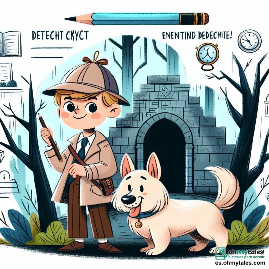 Une illustration destinée aux enfants représentant un jeune détective astucieux, accompagné de son fidèle chien détective, explorant une mystérieuse cripta sombre et encombrée de la forêt enchantée.