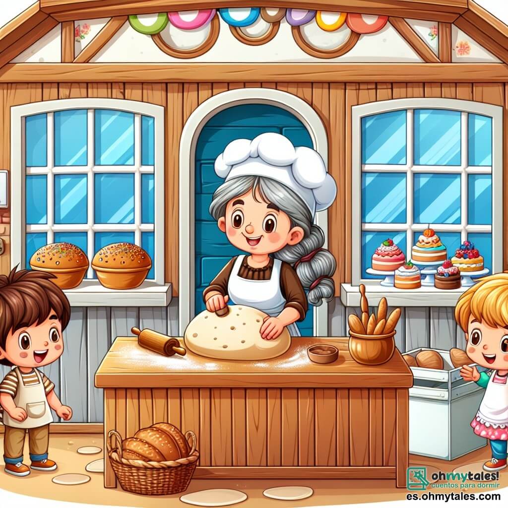 Une illustration sous forme de dessin destinée aux enfants représentant une charmante boulangerie en bois avec des fenêtres colorées, où une femme souriante aux cheveux gris et au visage chaleureux, portant un delantal blanc, pétrit de la pâte à pain sur une grande table en bois, tandis que deux enfants, un garçon aux cheveux bruns et une fille aux cheveux blonds, regardent avec émerveillement, tenant des ingrédients dans leurs mains, alors qu'un doux parfum de pain frais emplit l'air et que des gâteaux décorés sont exposés sur le comptoir.