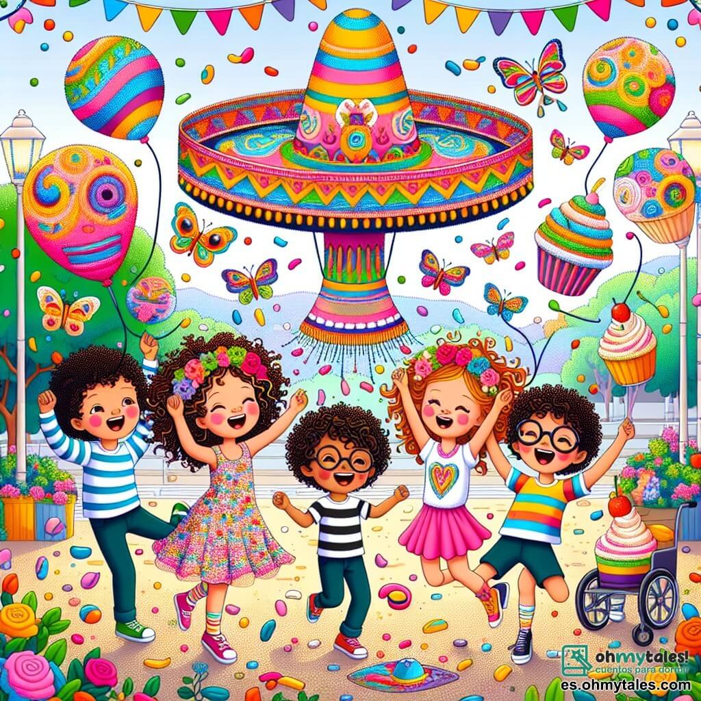 Une illustration sous forme de dessin destinée aux enfants représentant un parc coloré de Risaslandia, où un groupe de quatre enfants de 11 ans, deux filles aux cheveux bouclés et colorés, l'une portant une robe à motifs de fleurs et l'autre en t-shirt rayé, ainsi qu'un garçon aux lunettes rondes et un autre garçon en fauteuil roulant, tous en train de danser joyeusement autour d'un sombrero volant aux ailes de mariposa, tandis que des désirs sous forme de globes colorés et de petits gâteaux rient et virevoltent autour d'eux, créant une atmosphère magique et ludique, remplie de rires et de couleurs éclatantes.