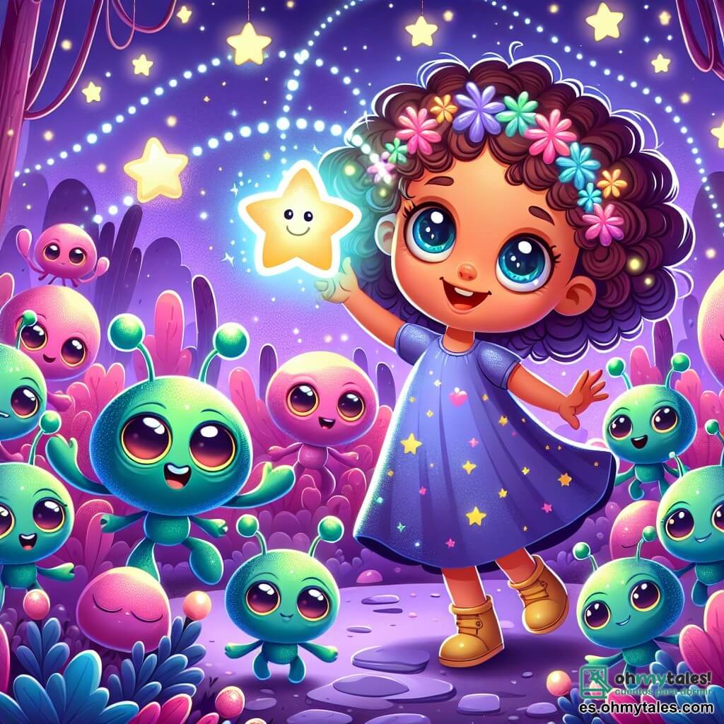 Une illustration sous forme de dessin destinée aux enfants représentant un jardin magique sous un ciel violet parsemé d'étoiles brillantes, avec une petite fille de 5 ans aux cheveux bouclés et aux yeux pétillants, souriante et tenant une étoile lumineuse dans sa main, entourée de plusieurs extraterrestres amicaux aux couleurs vives et aux grandes yeux ronds, qui dansent joyeusement autour d'elle, illustrant un moment de partage et de découverte où la petite fille enseigne à ses nouveaux amis comment jouer à la balle avec une sphère flottante, le tout baigné dans une atmosphère de joie et d'émerveillement.