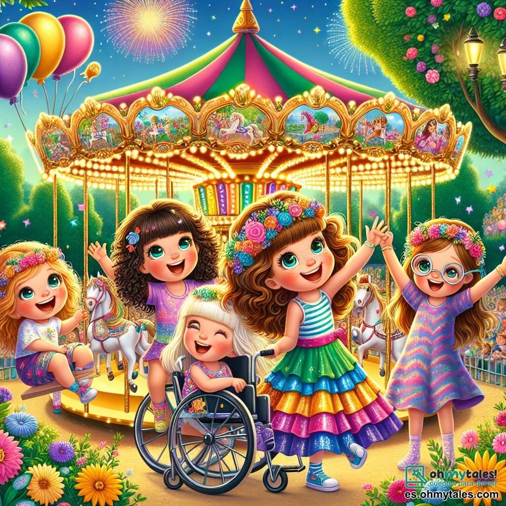 Ilustración que representa un carnaval colorido en un parque soleado, con árboles verdes y flores brillantes. En el centro, un gran carrusel mágico con caballos brillantes y luces vivas gira alegremente. Cuatro niñas de cinco años, todas sonrientes, están juntas. Una de ellas, con cabello rizado y ojos azules brillantes, lleva una máscara colorida adornada con estrellas doradas. Otra, con cabello liso y castaño, baila con una falda que gira a su alrededor. La tercera, con una diadema de flores, ríe a carcajadas, mientras que la cuarta, en silla de ruedas, sonríe con ojos brillantes, feliz de estar rodeada de sus amigas. La escena principal muestra a las niñas divirtiéndose en el carrusel, con los brazos levantados, expresando su alegría y entusiasmo. Globos flotan a su alrededor, y un payaso divertido hace trucos cerca, añadiendo a la atmósfera festiva. En el fondo, fuegos artificiales iluminan el cielo, creando una atmósfera mágica y alegre.