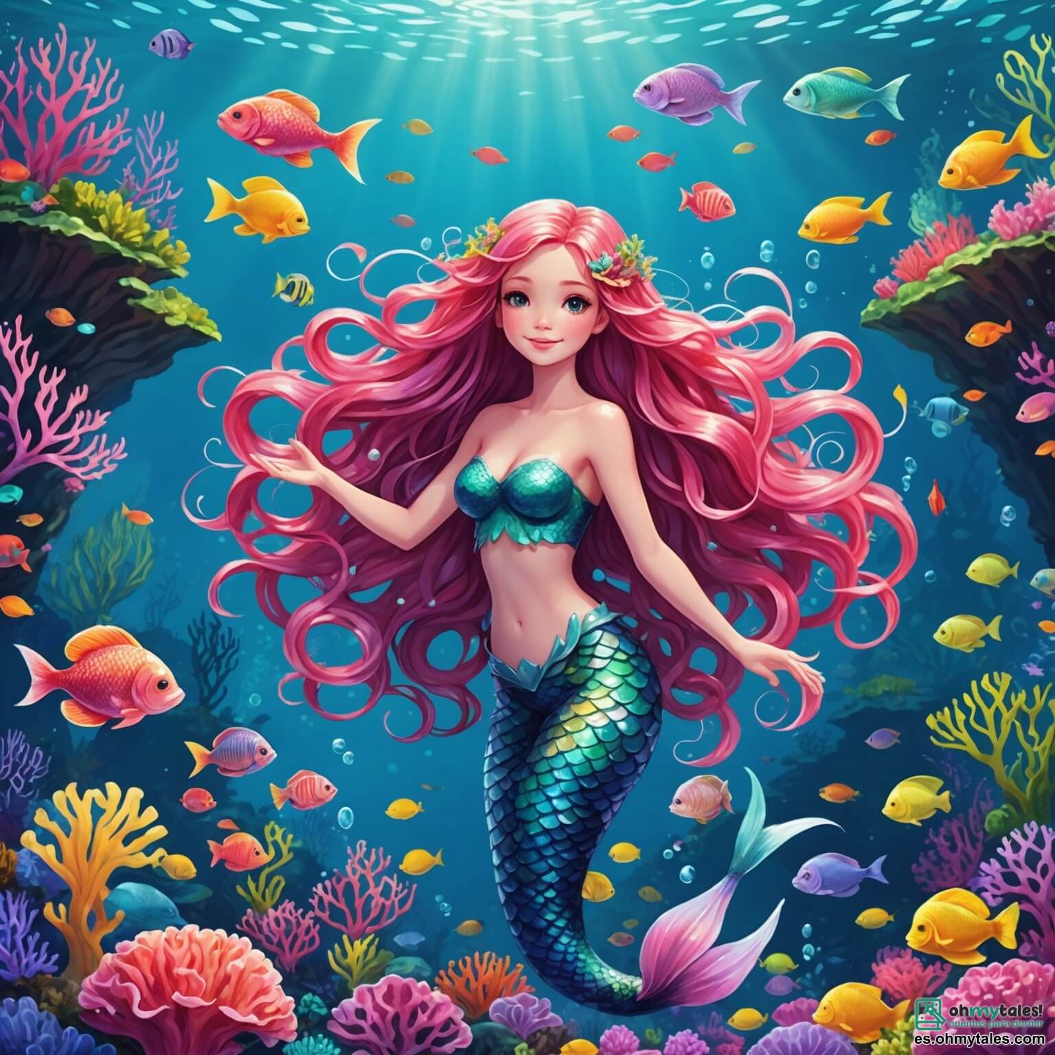 Une illustration destinée aux enfants représentant une sirène aux écailles scintillantes d'un rose éclatant, avec de longs cheveux ondulés comme des algues dansant au gré des vagues, se trouvant dans un royaume sous-marin féérique, où des coraux multicolores forment des jardins luxuriants et où des poissons aux teintes éclatantes nagent joyeusement autour d'elle, alors qu'elle tente de rassembler ses amis, un pulpeux et espiègle octopus aux bras colorés et un groupe de sirènes chantantes aux voix mélodieuses, pour organiser une course de bulles pétillantes au cœur d'une caverne lumineuse ornée de coquillages étincelants et de pierres précieuses, où la lumière du soleil filtre à travers l'eau, créant un spectacle magique de reflets chatoyants sur les parois marines.