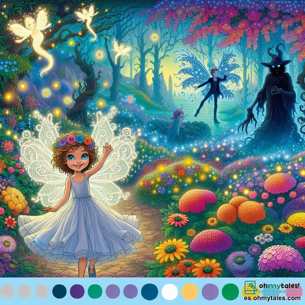Une illustration sous forme de dessin destinée aux enfants représentant un magnifique jardin enchanté, rempli de fleurs colorées et de lumières dansantes, où une fille de 11 ans aux yeux brillants et aux cheveux bouclés, vêtue d'une robe légère, se tient courageusement face à une ombre menaçante qui se dresse devant elle, tandis qu'un petit duende aux ailes scintillantes vole à ses côtés, prêt à l'aider dans sa quête pour restaurer la paix dans le royaume magique.