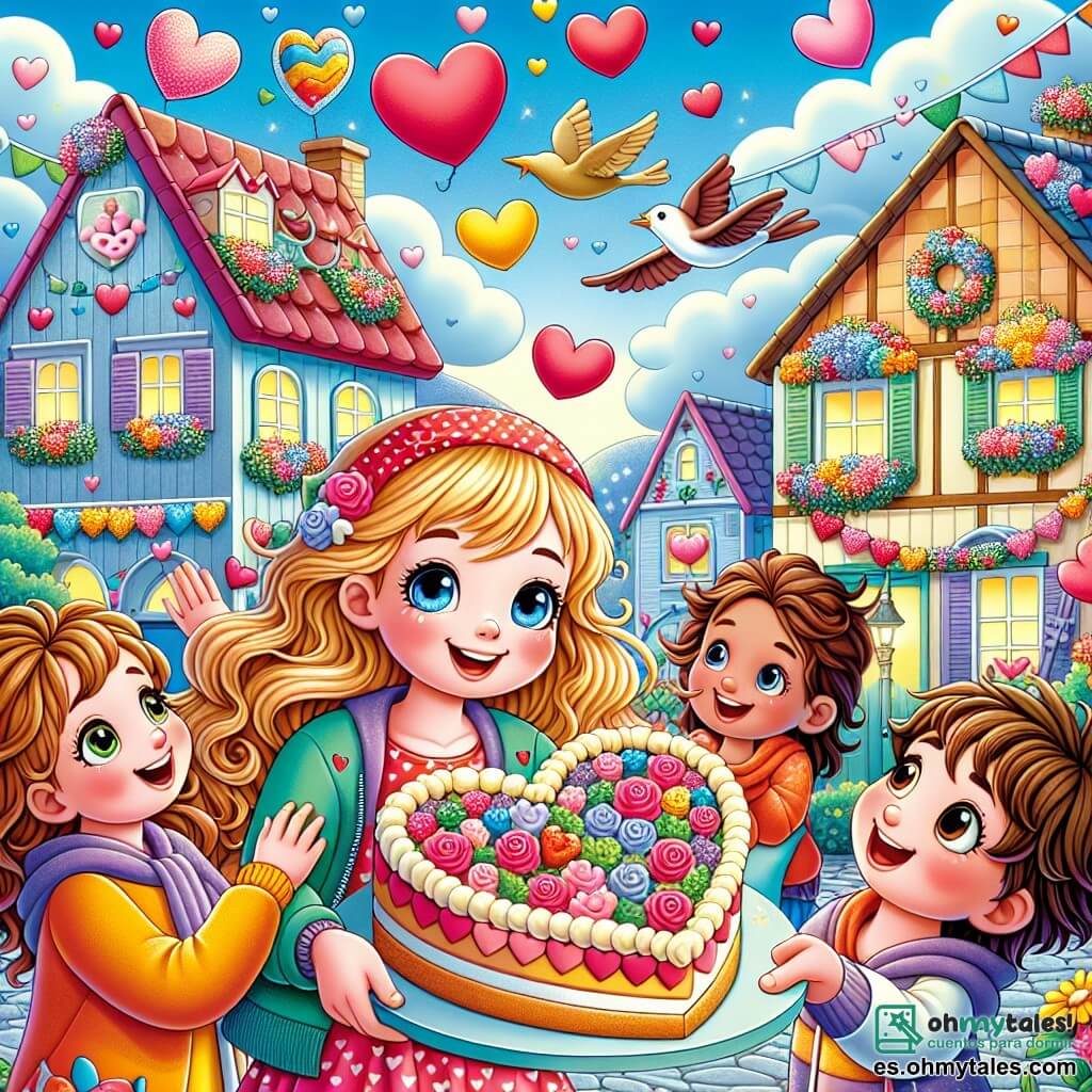 Une illustration sous forme de dessin destinée aux enfants représentant un charmant village coloré de Florindor, avec des maisons décorées de cœurs en papier et de guirlandes fleuries, où une fille de 11 ans aux cheveux dorés et bouclés, vêtue d'une veste colorée, sourit joyeusement en tenant une grande carte en forme de cœur, entourée de ses amis, dont un garçon aux cheveux ébouriffés et un sourire éclatant, qui l'aide à décorer des gâteaux en forme de cœur pour célébrer la fête de la Saint-Valentin, tandis que des oiseaux chantent dans le ciel bleu et que des fleurs colorées dansent au gré du vent.