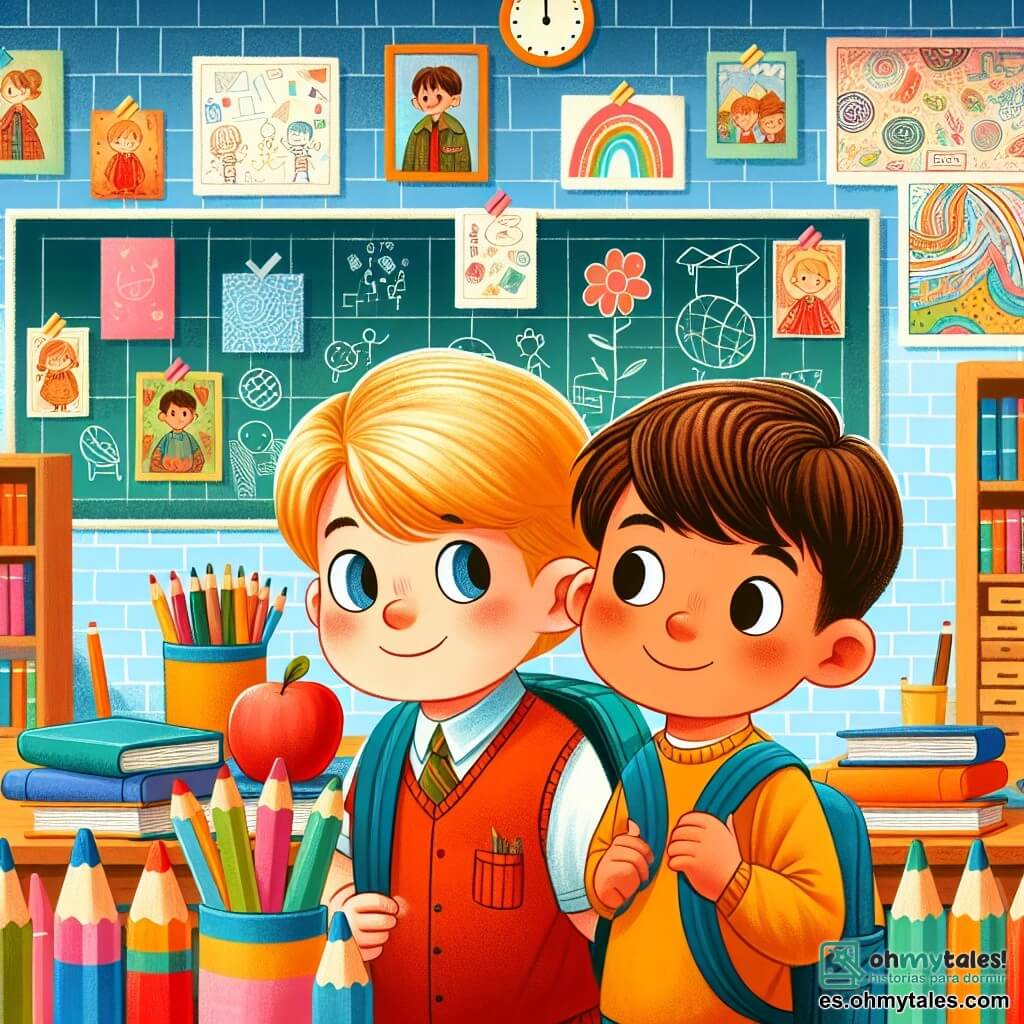 Une illustration destinée aux enfants représentant un petit garçon timide et curieux découvrant une nouvelle école, accompagné d'un nouvel ami, dans une salle de classe colorée remplie de livres, de crayons et de dessins accrochés aux murs.
