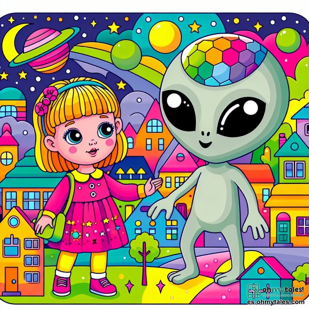 Une illustration destinée aux enfants représentant une petite fille curieuse se retrouvant sur un planète aux couleurs vives, accompagnée d'une créature extraterrestre bienveillante, dans un village aux maisons multicolores et aux habitants aux formes et capacités uniques.