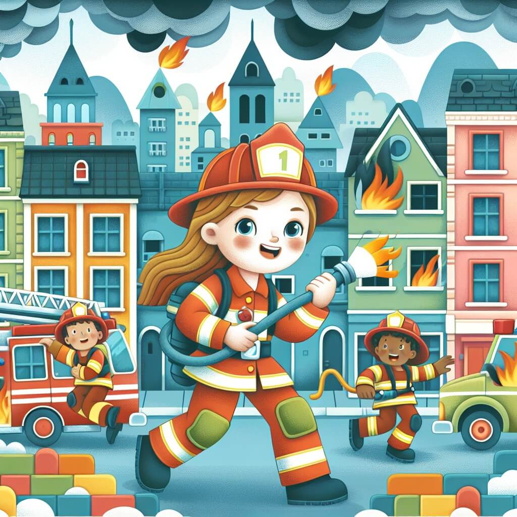 Une illustration destinée aux enfants représentant une femme pompier courageuse, combattant un incendie avec l'aide de ses compagnons, dans une ville animée remplie de bâtiments colorés et de rues étroites.