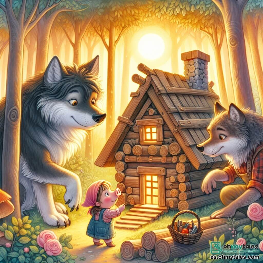 Une illustration destinée aux enfants représentant un petit cochon curieux et courageux, accompagné de deux grands loups bienveillants, construisant ensemble une magnifique maison en bois au cœur d'un bosquet enchanté baigné par la lumière dorée du soleil couchant.