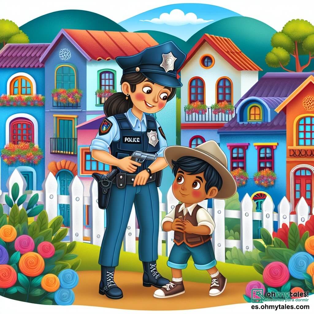 Une illustration destinée aux enfants représentant un policier courageux en uniforme, résolvant un cas de vol de sucreries avec l'aide d'un enfant malicieux, dans le pittoresque village de Villa Feliz, avec ses maisons colorées et ses arbres en fleurs.