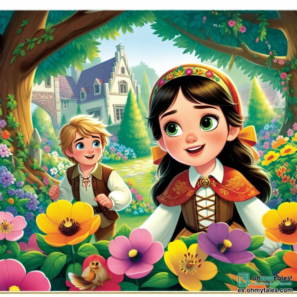 Une illustration destinée aux enfants représentant une petite fille curieuse et déterminée, accompagnée de son ami garçon, explorant un jardin enchanté rempli de fleurs colorées, arbres majestueux et petits animaux malicieux, dans le village de Villa Juguete.