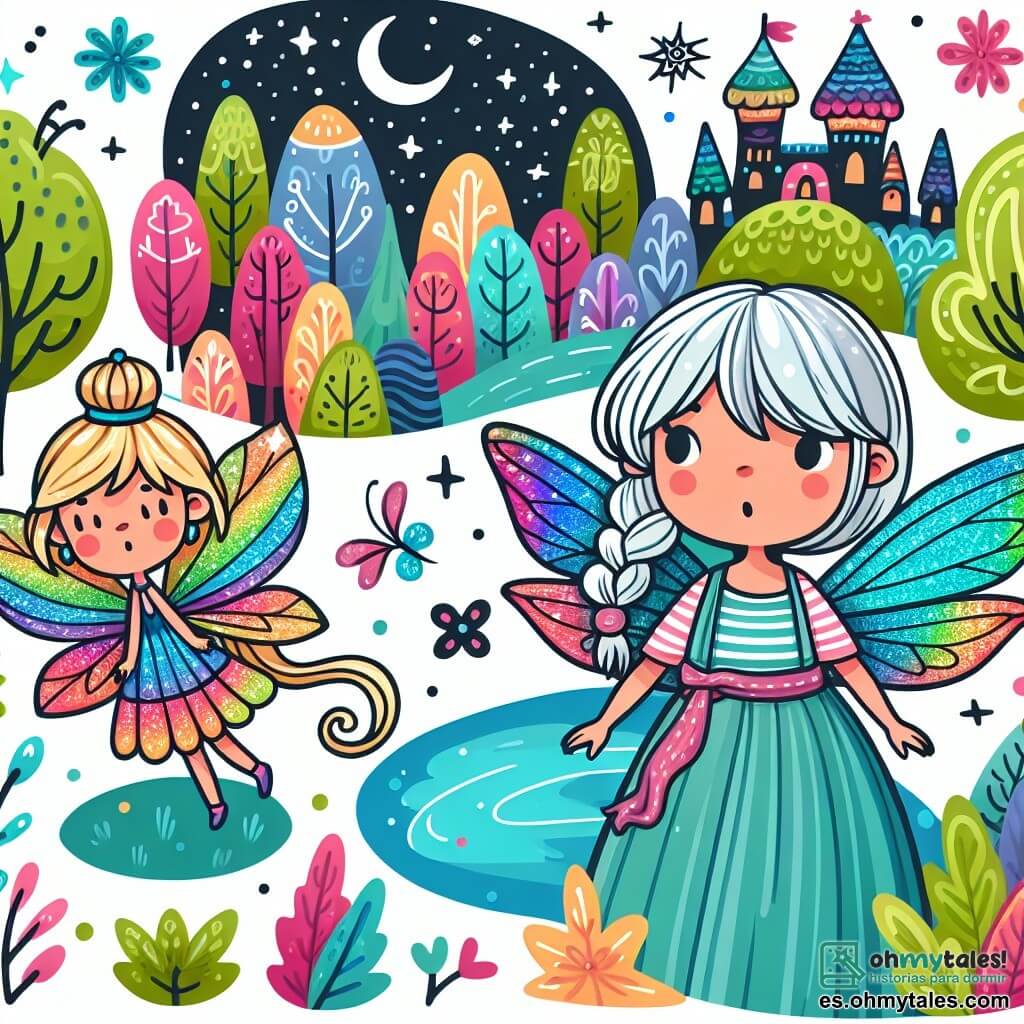 Une illustration destinée aux enfants représentant une jeune fille aux cheveux argentés, égarée dans un monde de merveilles aux couleurs vibrantes, accompagnée d'une fée espiègle aux ailes irisées, dans un royaume enchanté où les arbres chantent et les rivières brillent comme des étoiles.