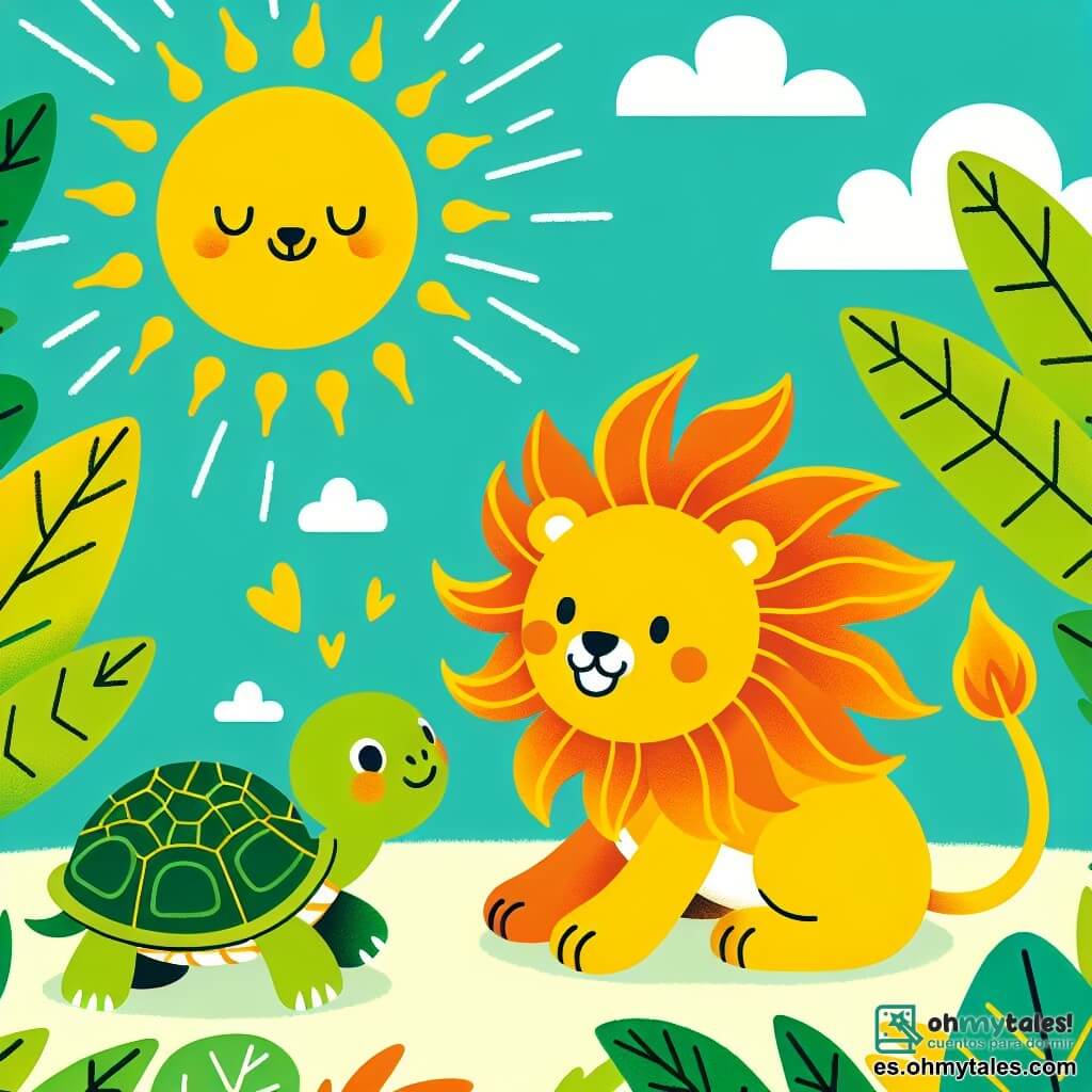 Une illustration sous forme de dessin destinée aux enfants représentant une scène colorée dans une jungle ensoleillée, où un lion au pelage doré et à la crinière flamboyante danse joyeusement sur un sol tapissé de feuilles vertes, tandis qu'une tortue au carapace verte et aux yeux pétillants l'encourage en bougeant lentement ses pattes, le tout sous un ciel bleu parsemé de nuages blancs, capturant l'esprit de la fête et de l'amitié dans une atmosphère joyeuse et ludique.
