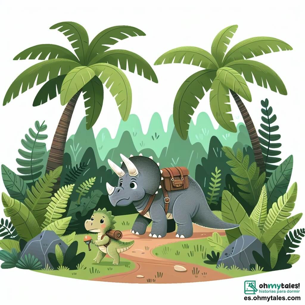 Une illustration destinée aux enfants représentant un majestueux tricératops aventurier, explorant un luxuriant et mystérieux bosquet de fougères géantes, accompagné d'un adorable petit dinosaure égaré, à la recherche de sa famille.